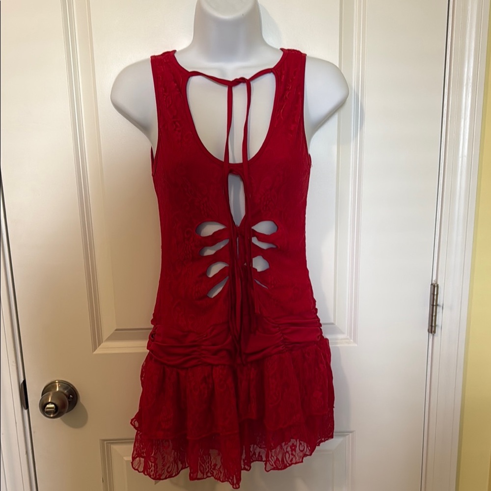 Red Lace Dress with Cutout Design